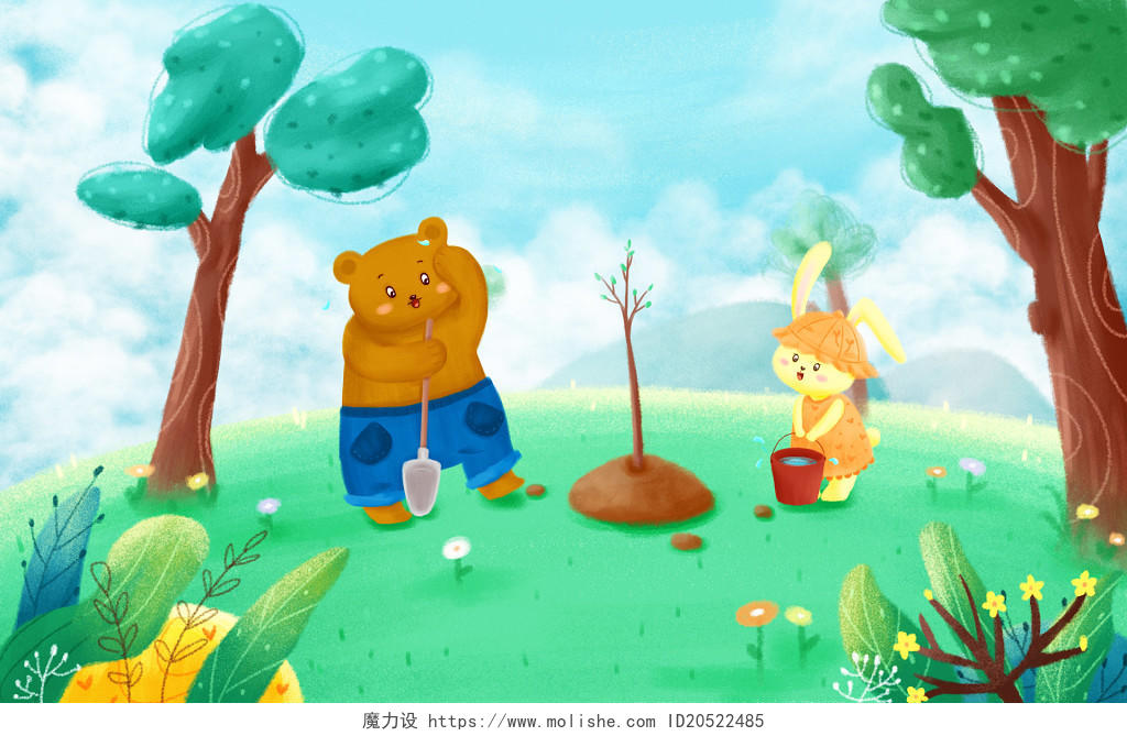 世界动物日儿童节插画植树节插画卡通熊和兔子浇水种树儿童节原创插画素材